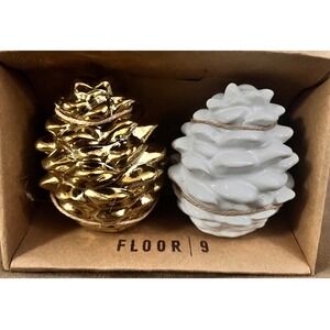 Floor 9 Ceramic Pinecone Figurines Gold White Set of 2 Decorative Accents